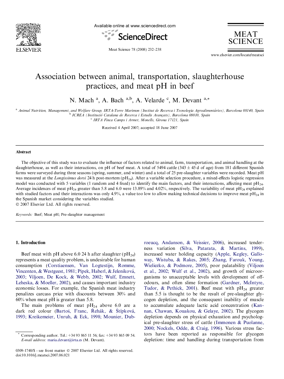 Association between animal, transportation, slaughterhouse practices, and meat pH in beef