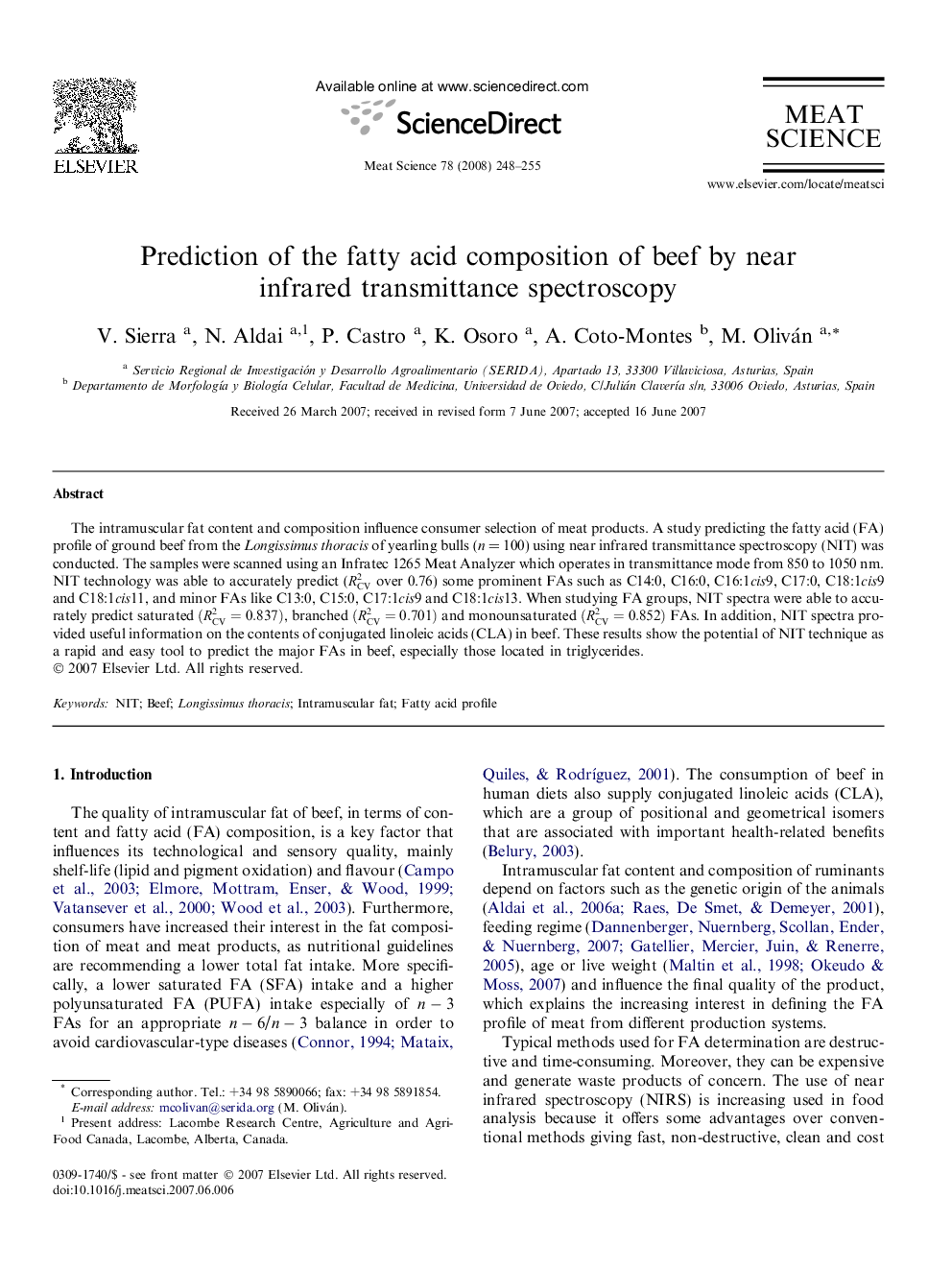 Prediction of the fatty acid composition of beef by near infrared transmittance spectroscopy