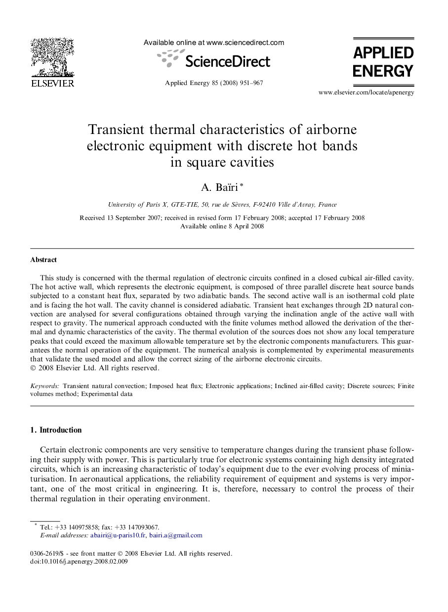 Transient thermal characteristics of airborne electronic equipment with discrete hot bands in square cavities