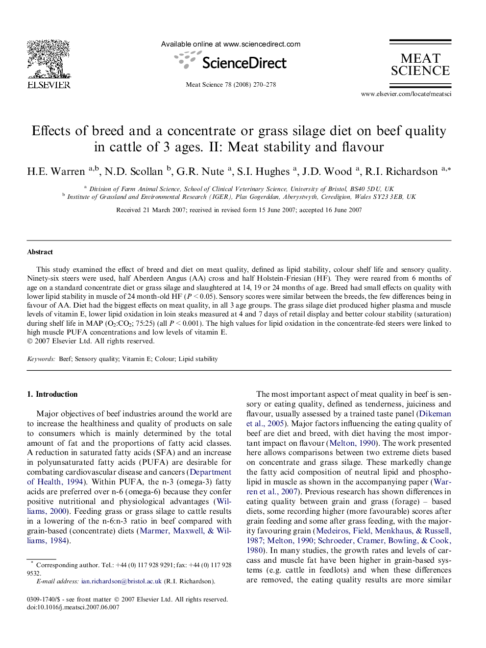 Effects of breed and a concentrate or grass silage diet on beef quality in cattle of 3 ages. II: Meat stability and flavour