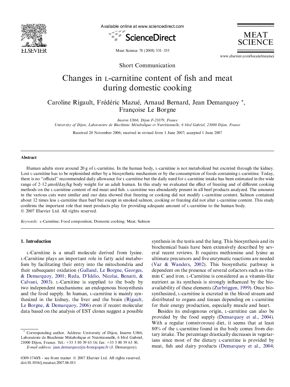 عکس صفحه اول مقاله: Changes in l-carnitine content of fish and meat during domestic cooking Changes in l-carnitine content of fish and meat during domestic cooking