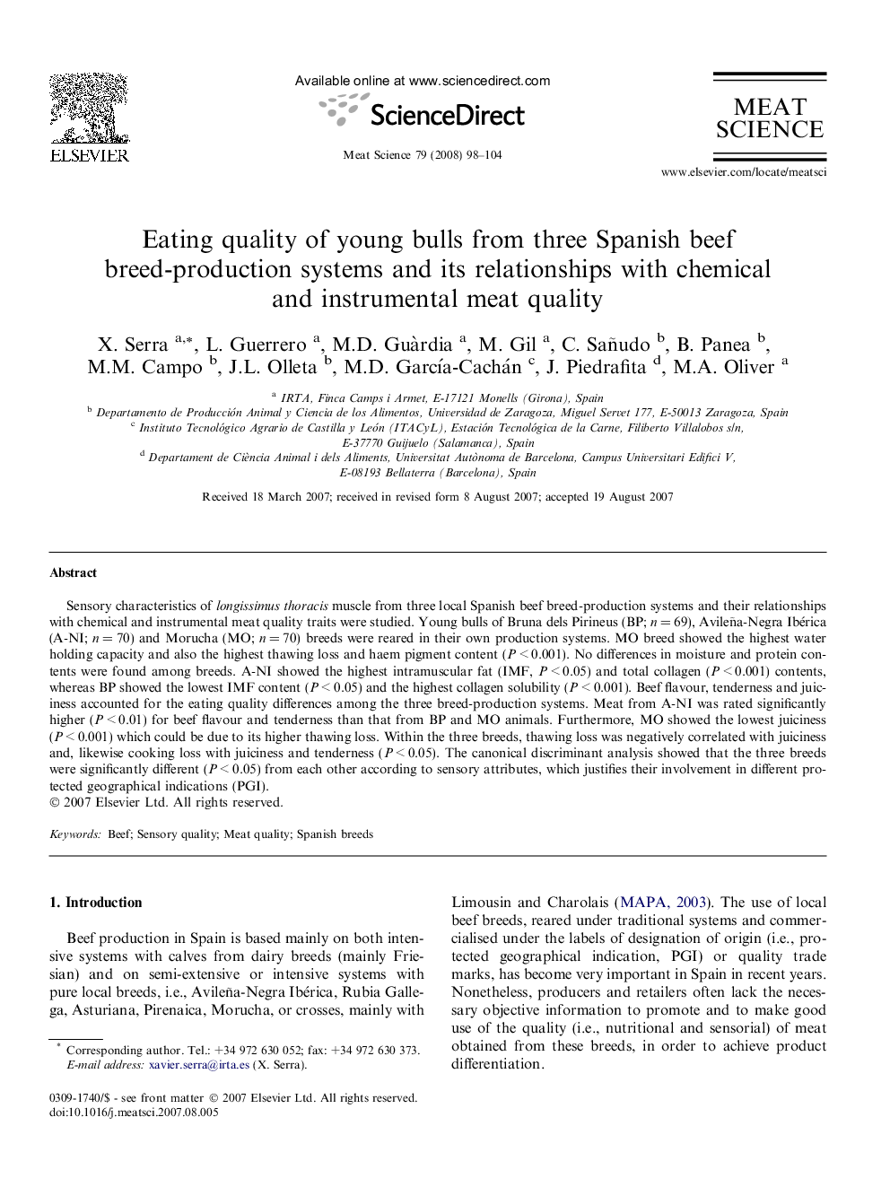 Eating quality of young bulls from three Spanish beef breed-production systems and its relationships with chemical and instrumental meat quality