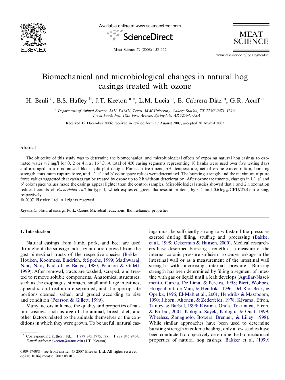 Biomechanical and microbiological changes in natural hog casings treated with ozone