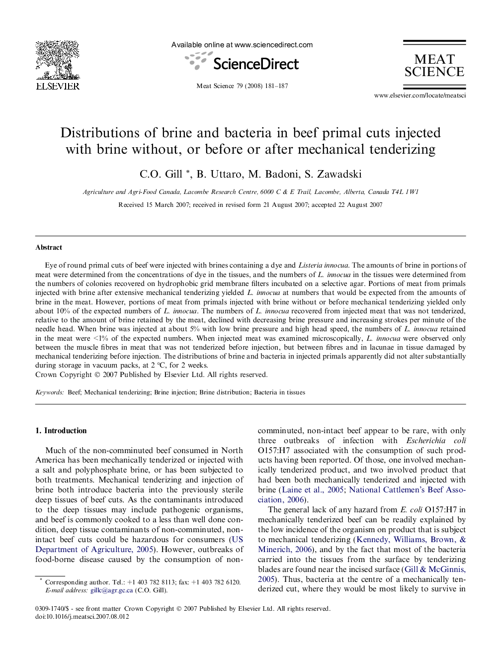 عکس صفحه اول مقاله: Distributions of brine and bacteria in beef primal cuts injected with brine without, or before or after mechanical tenderizing Distributions of brine and bacteria in beef primal cuts injected with brine without, or before or after mechanical tenderizing