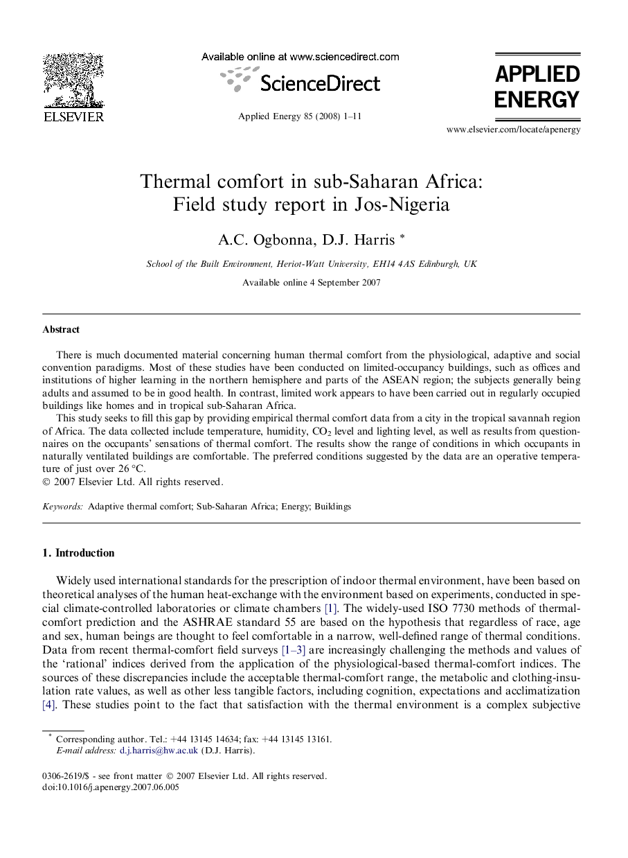 Thermal comfort in sub-Saharan Africa: Field study report in Jos-Nigeria