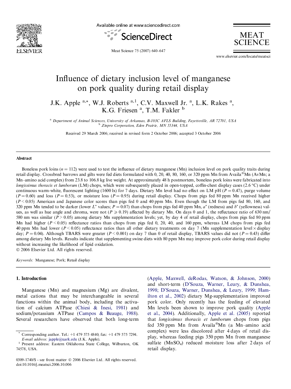 Influence of dietary inclusion level of manganese on pork quality during retail display