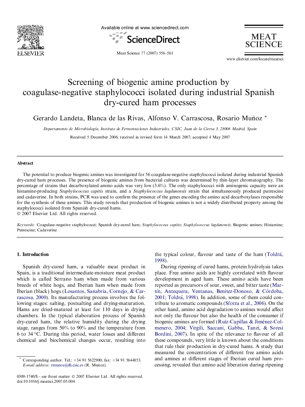 Screening of biogenic amine production by coagulase-negative staphylococci isolated during industrial Spanish dry-cured ham processes