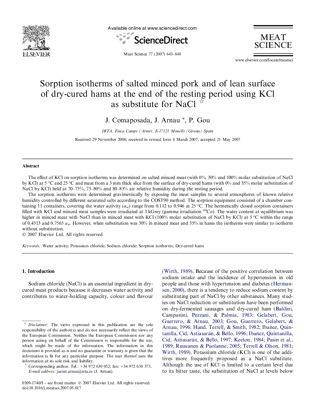 Sorption isotherms of salted minced pork and of lean surface of dry-cured hams at the end of the resting period using KCl as substitute for NaCl 