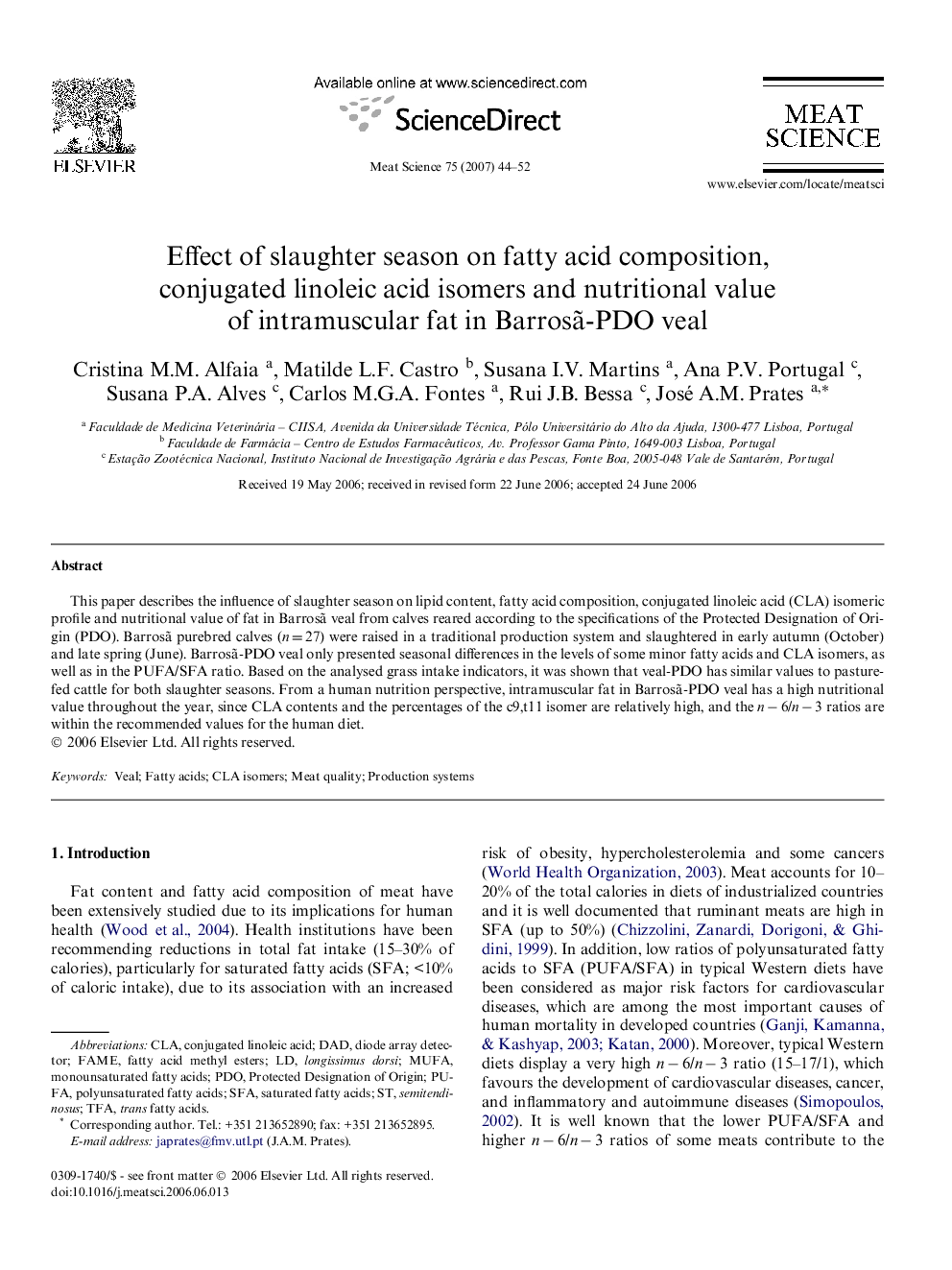 Effect of slaughter season on fatty acid composition, conjugated linoleic acid isomers and nutritional value of intramuscular fat in Barrosã-PDO veal