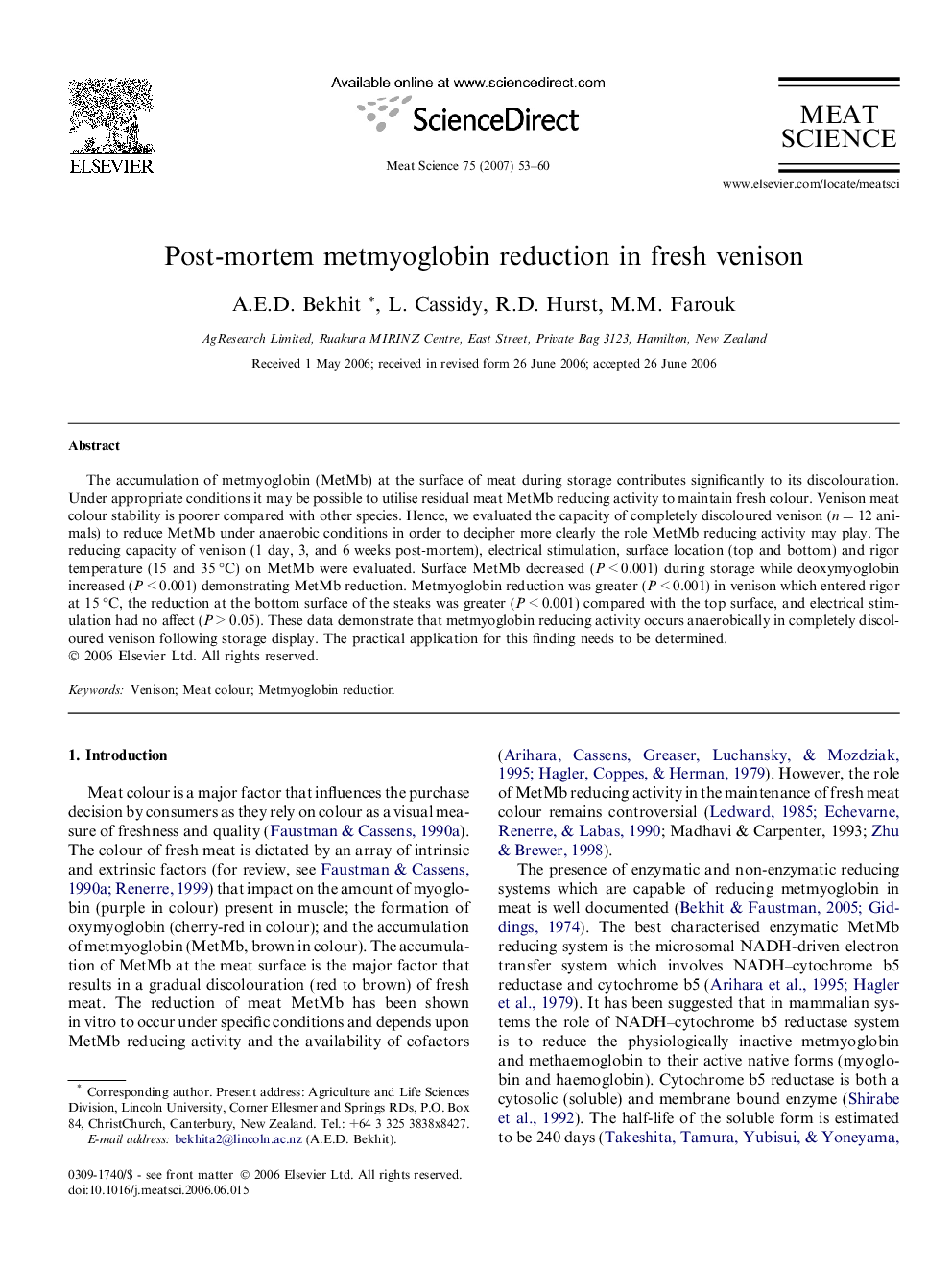 Post-mortem metmyoglobin reduction in fresh venison