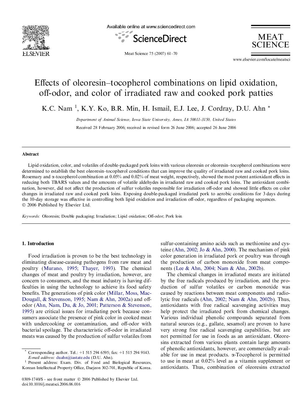 Effects of oleoresin–tocopherol combinations on lipid oxidation, off-odor, and color of irradiated raw and cooked pork patties