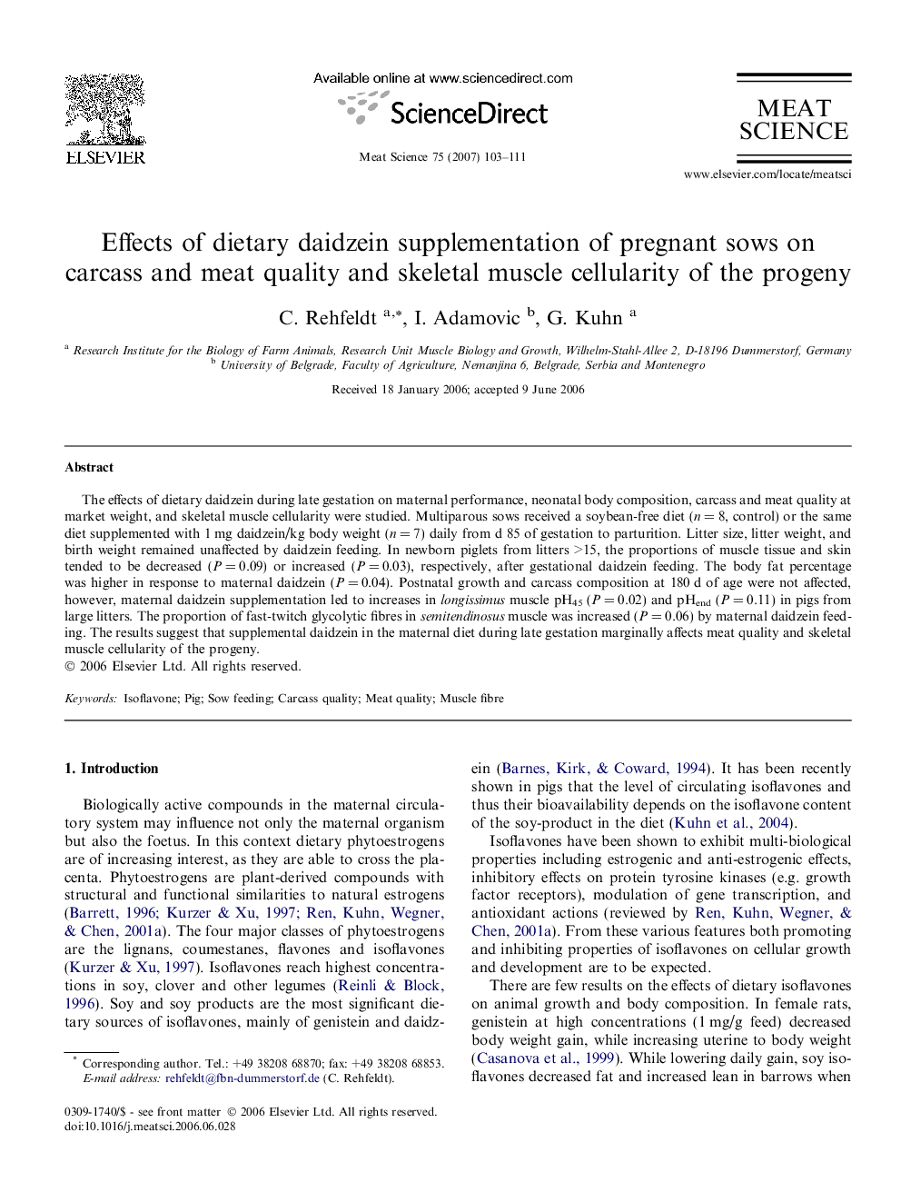 Effects of dietary daidzein supplementation of pregnant sows on carcass and meat quality and skeletal muscle cellularity of the progeny