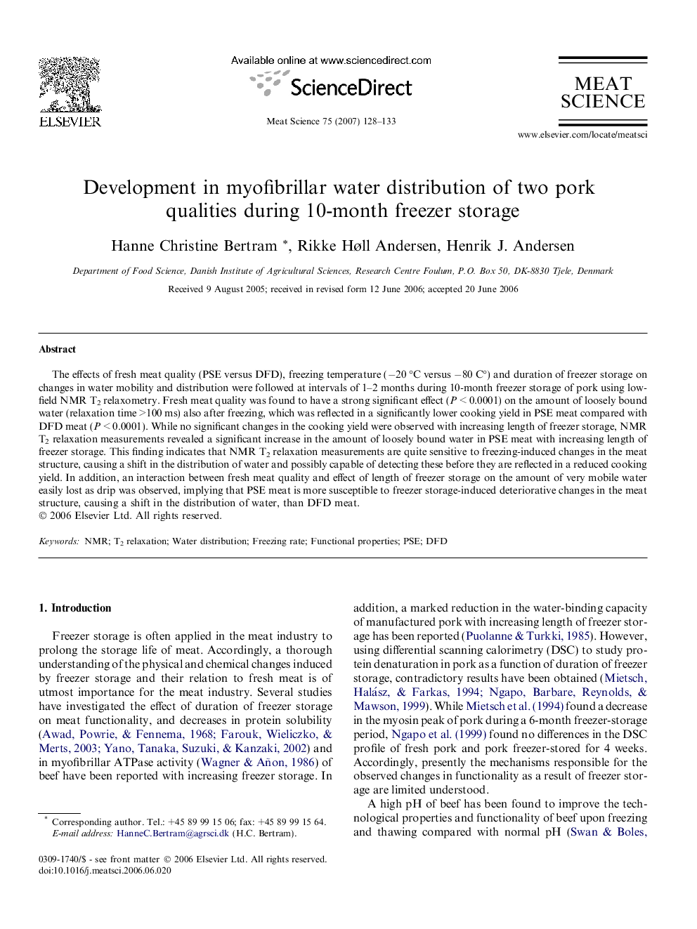 Development in myofibrillar water distribution of two pork qualities during 10-month freezer storage