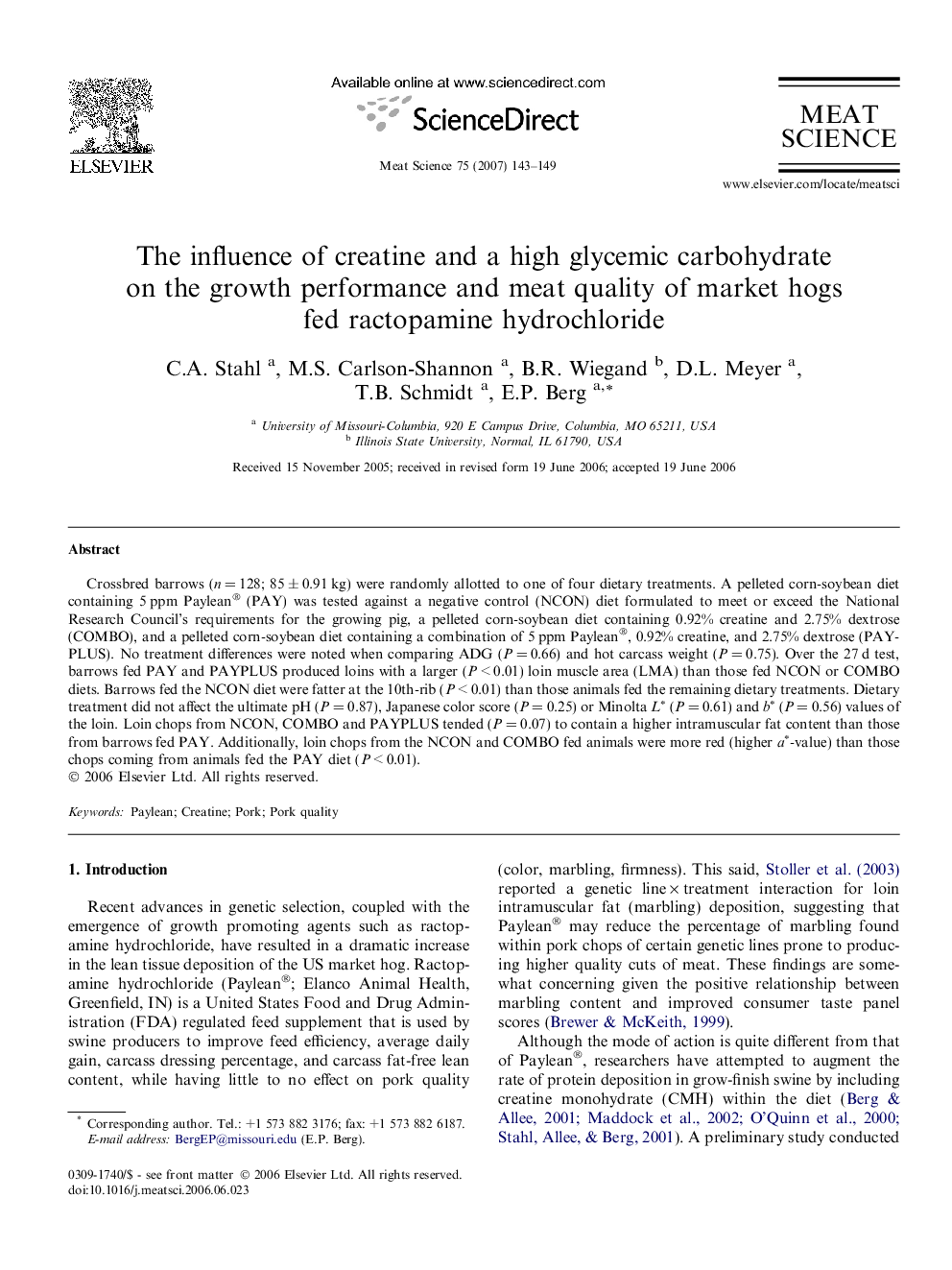 The influence of creatine and a high glycemic carbohydrate on the growth performance and meat quality of market hogs fed ractopamine hydrochloride