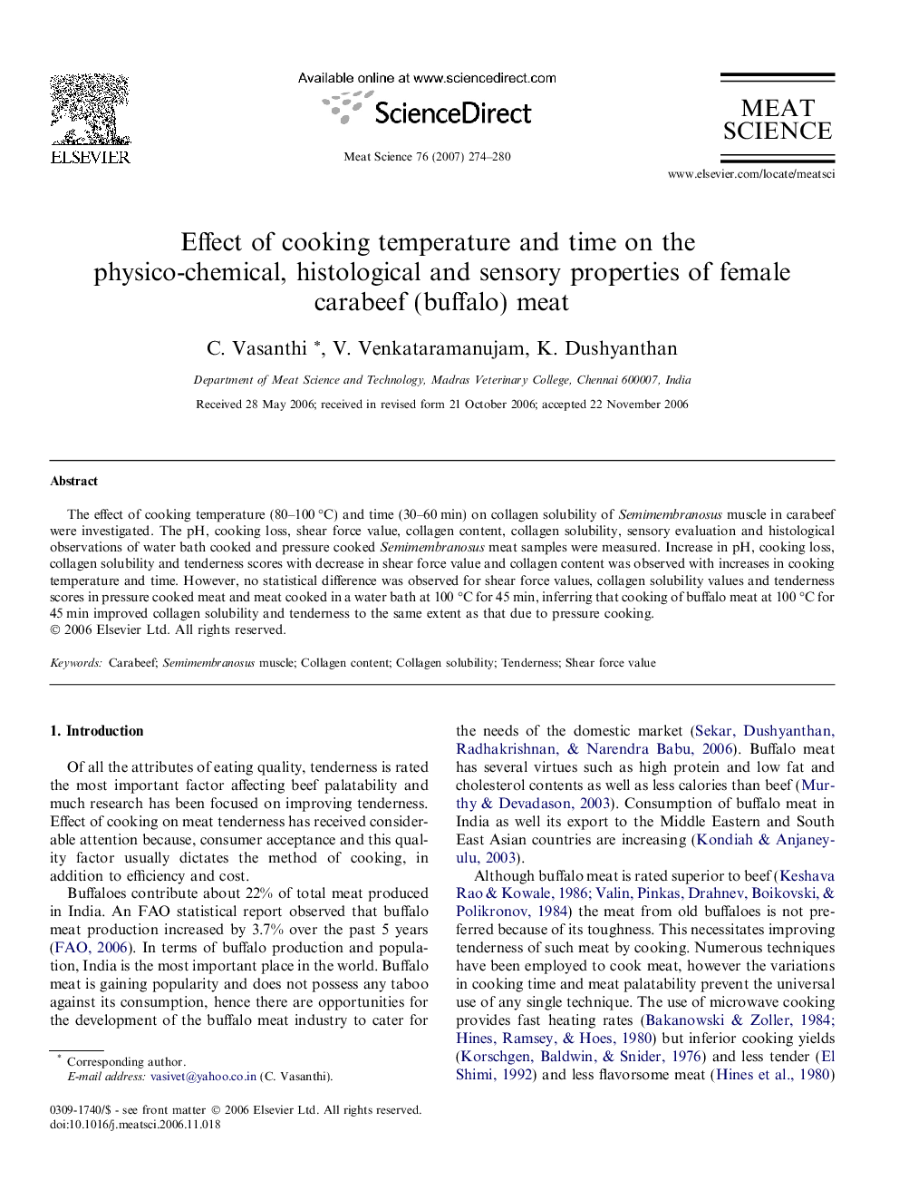 Effect of cooking temperature and time on the physico-chemical, histological and sensory properties of female carabeef (buffalo) meat