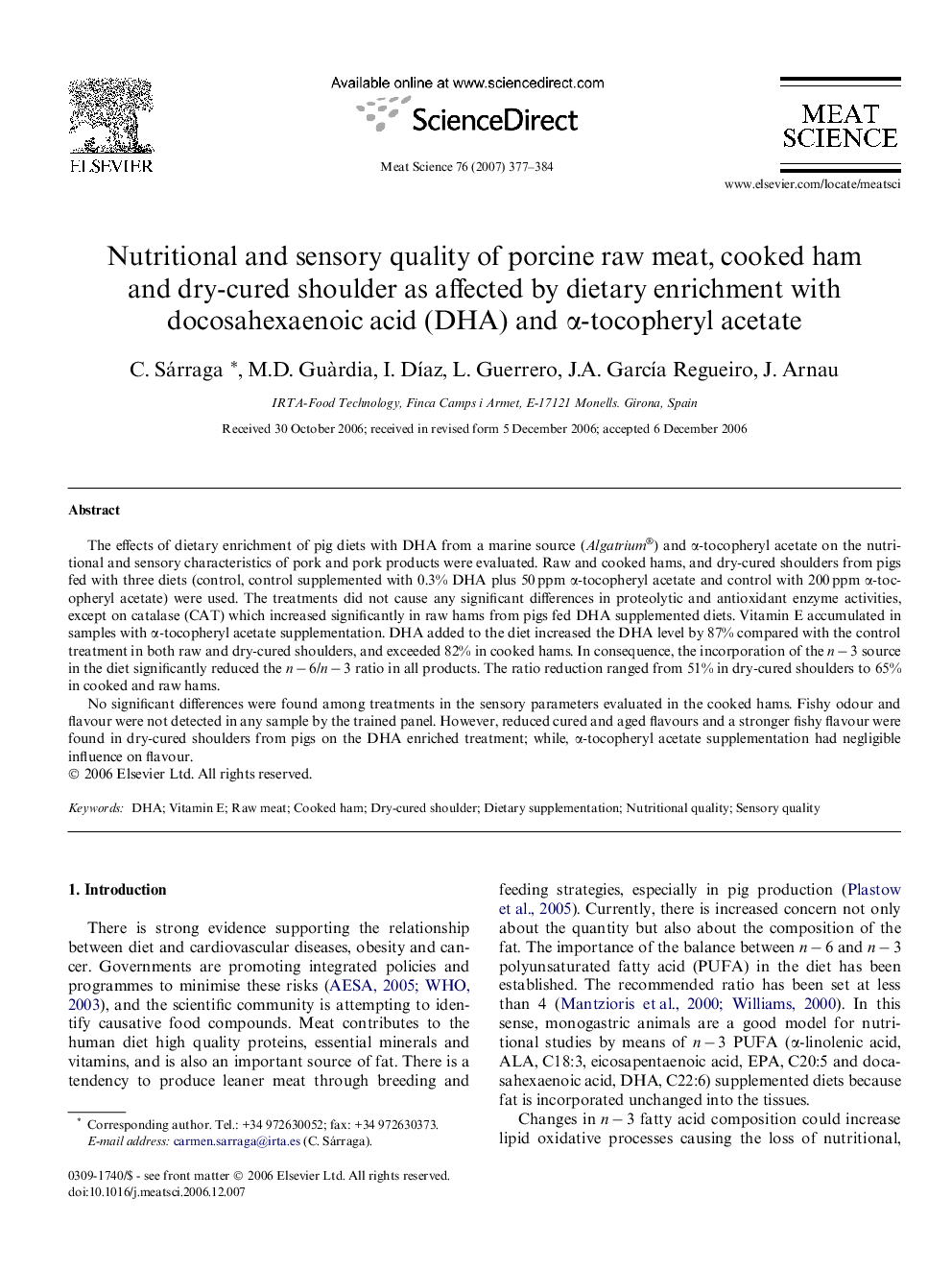 Nutritional and sensory quality of porcine raw meat, cooked ham and dry-cured shoulder as affected by dietary enrichment with docosahexaenoic acid (DHA) and α-tocopheryl acetate