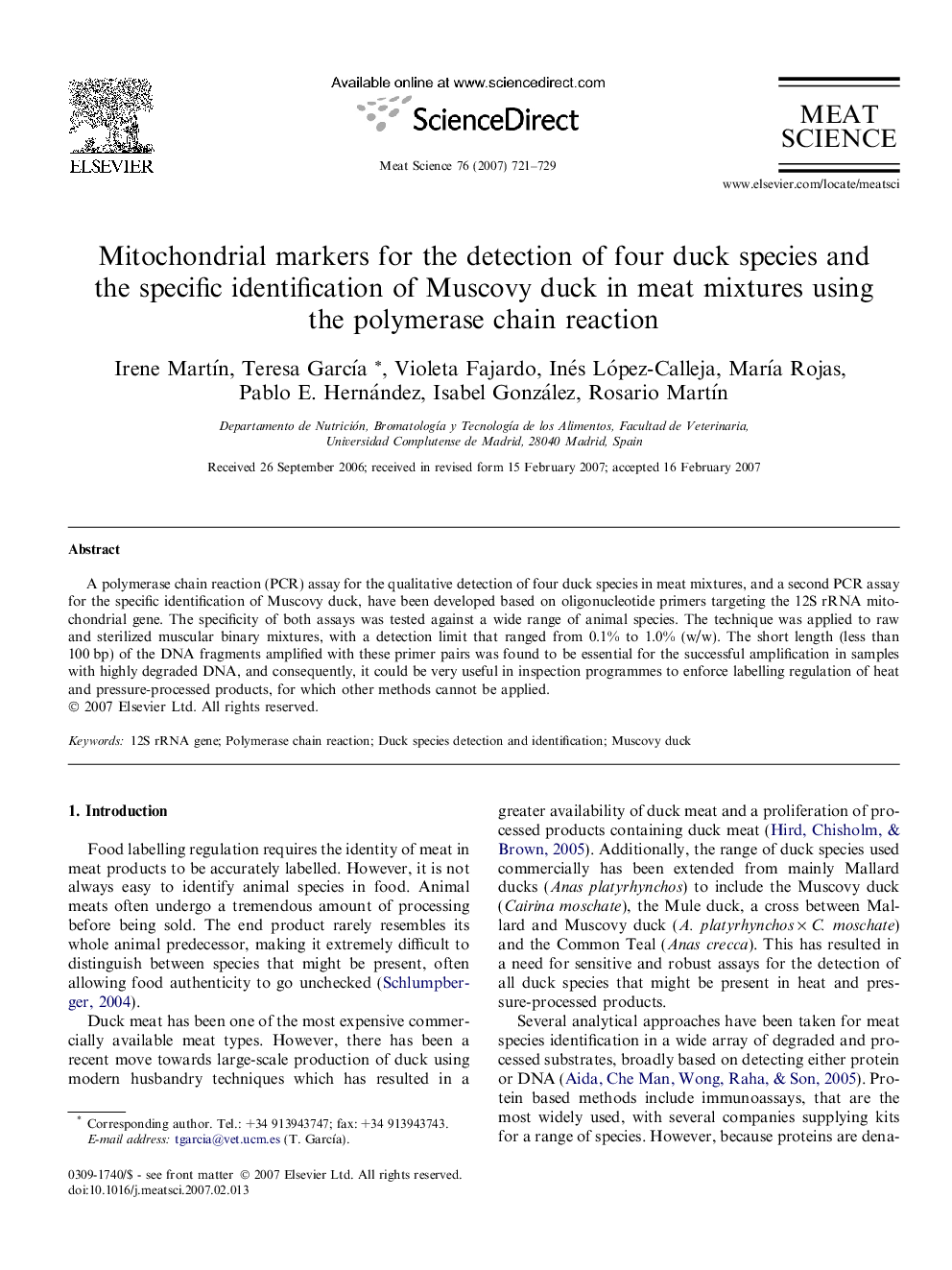 Mitochondrial markers for the detection of four duck species and the specific identification of Muscovy duck in meat mixtures using the polymerase chain reaction