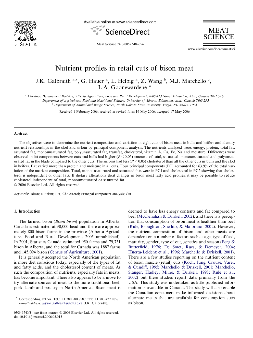 Nutrient profiles in retail cuts of bison meat