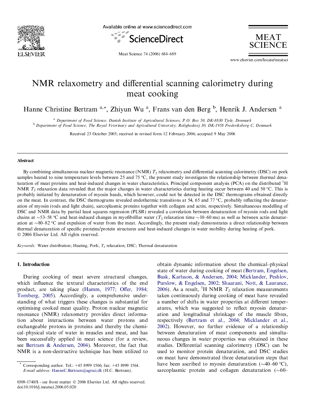 NMR relaxometry and differential scanning calorimetry during meat cooking