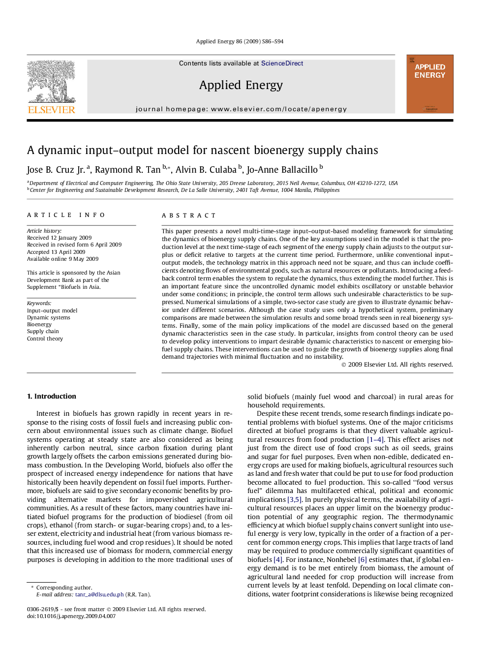 A dynamic input–output model for nascent bioenergy supply chains