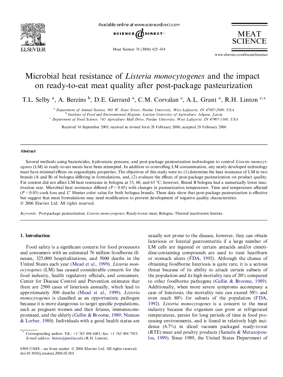 Microbial heat resistance of Listeria monocytogenes and the impact on ready-to-eat meat quality after post-package pasteurization