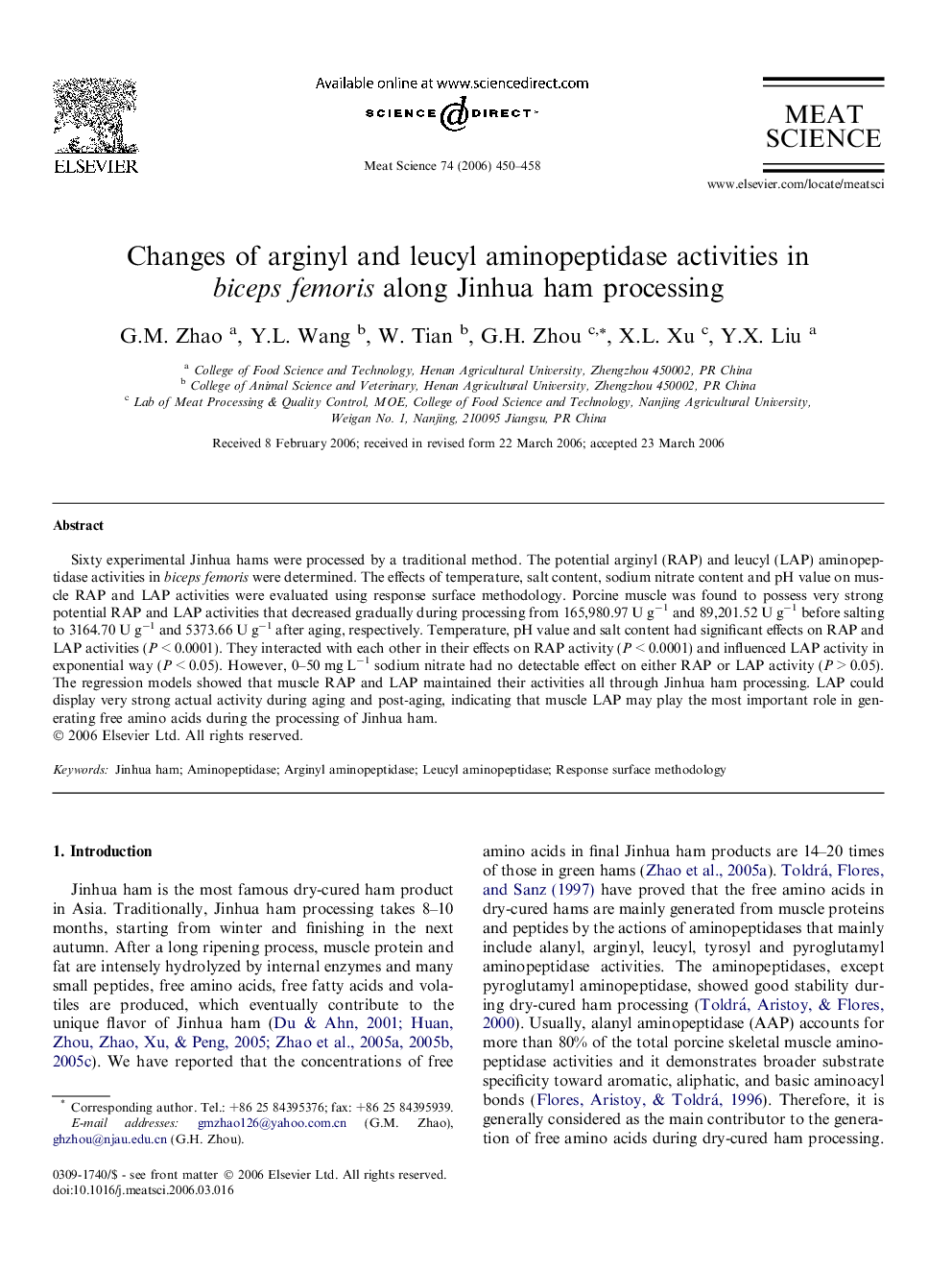 عکس صفحه اول مقاله: Changes of arginyl and leucyl aminopeptidase activities in biceps femoris along Jinhua ham processing Changes of arginyl and leucyl aminopeptidase activities in biceps femoris along Jinhua ham processing