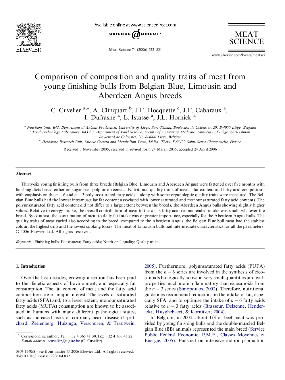 Comparison of composition and quality traits of meat from young finishing bulls from Belgian Blue, Limousin and Aberdeen Angus breeds