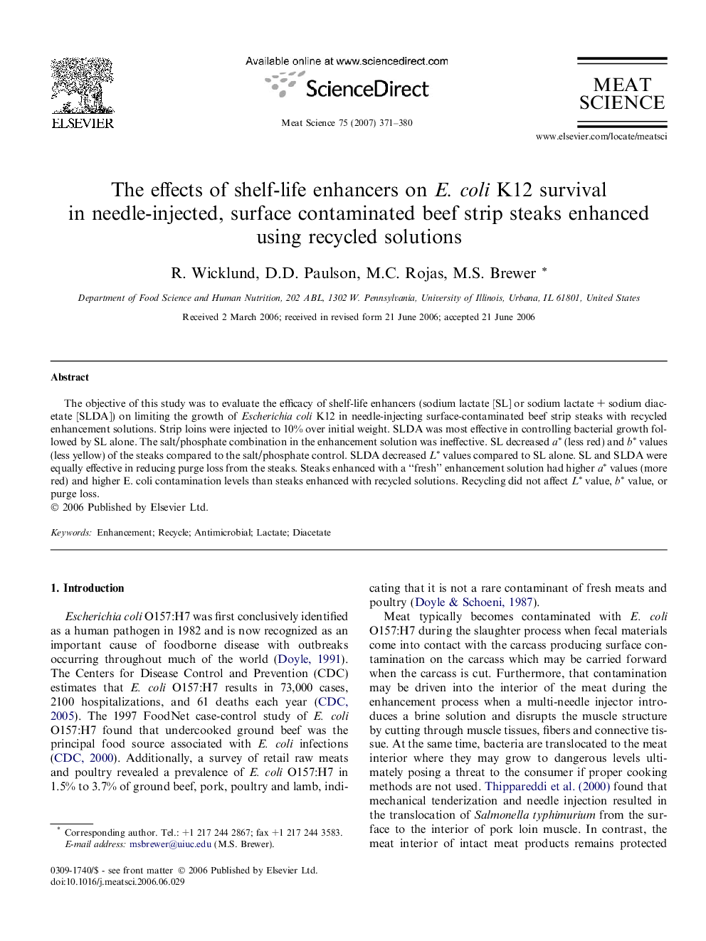 The effects of shelf-life enhancers on E. coli K12 survival in needle-injected, surface contaminated beef strip steaks enhanced using recycled solutions