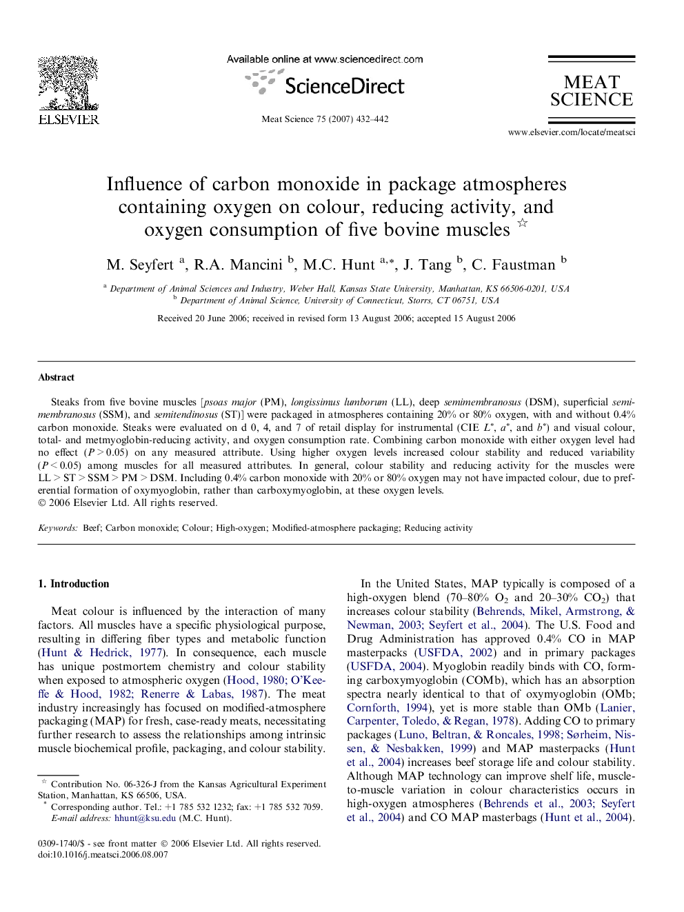 Influence of carbon monoxide in package atmospheres containing oxygen on colour, reducing activity, and oxygen consumption of five bovine muscles 