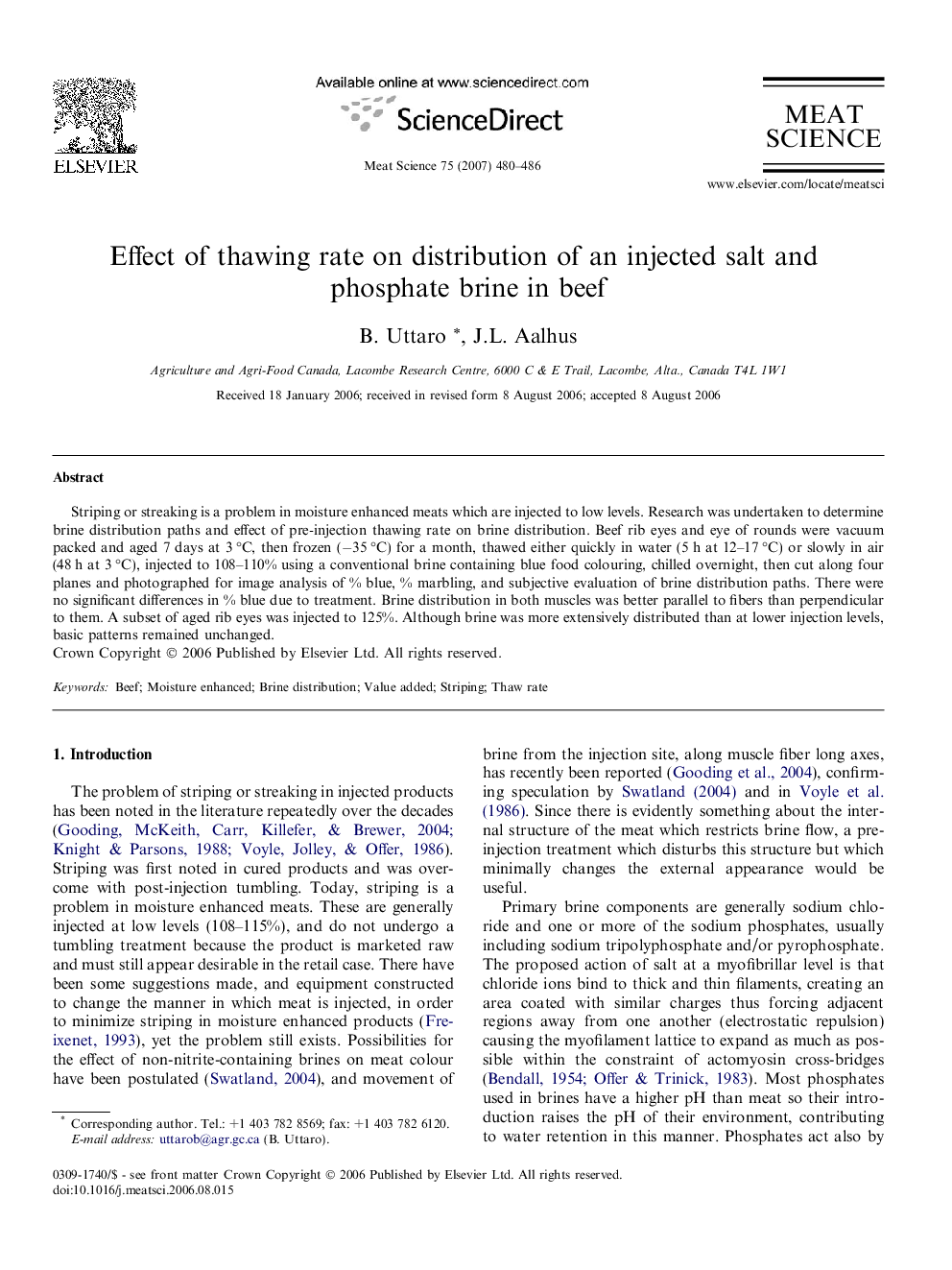 Effect of thawing rate on distribution of an injected salt and phosphate brine in beef