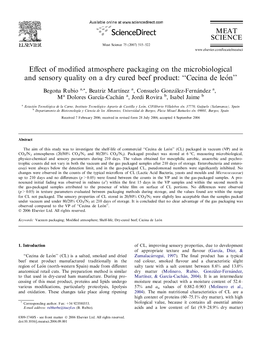 Effect of modified atmosphere packaging on the microbiological and sensory quality on a dry cured beef product: “Cecina de león”