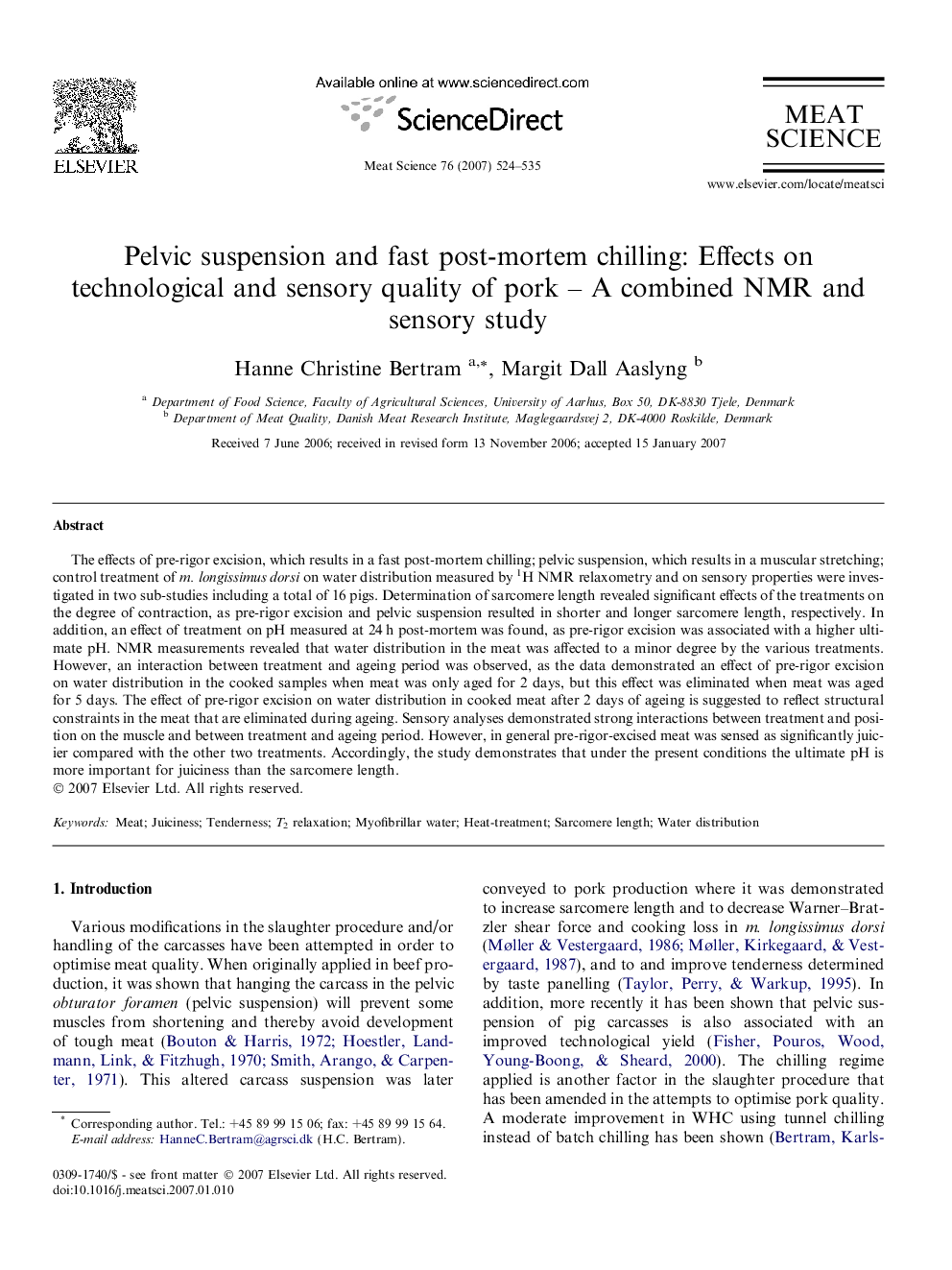 Pelvic suspension and fast post-mortem chilling: Effects on technological and sensory quality of pork – A combined NMR and sensory study