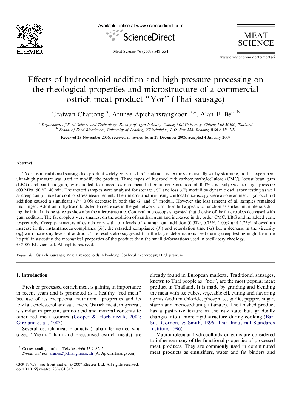 Effects of hydrocolloid addition and high pressure processing on the rheological properties and microstructure of a commercial ostrich meat product “Yor” (Thai sausage)