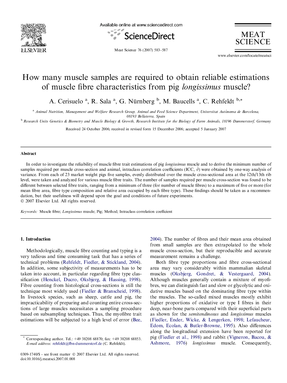 How many muscle samples are required to obtain reliable estimations of muscle fibre characteristics from pig longissimus muscle?