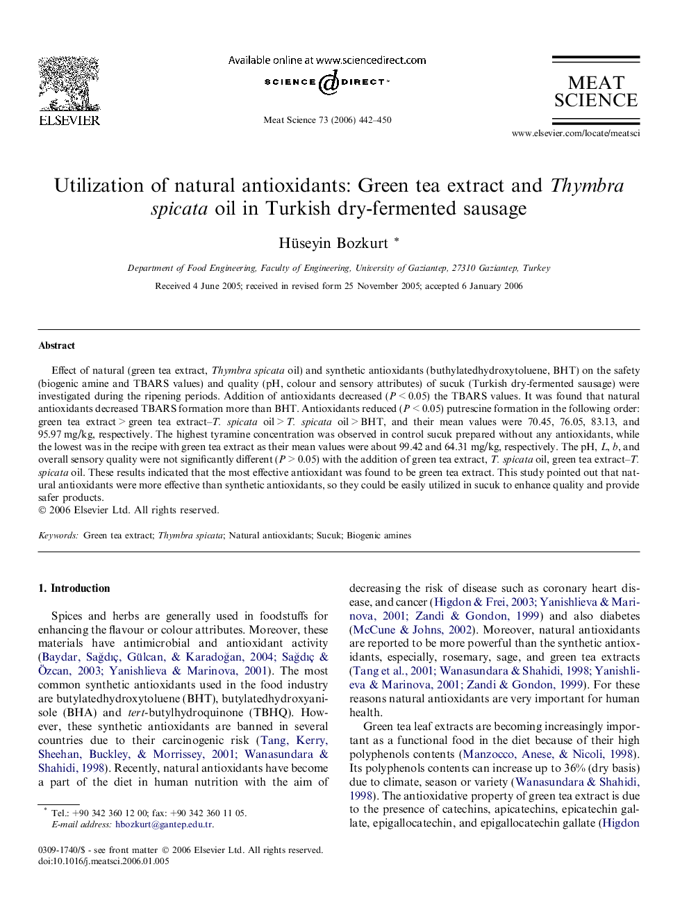 Utilization of natural antioxidants: Green tea extract and Thymbra spicata oil in Turkish dry-fermented sausage