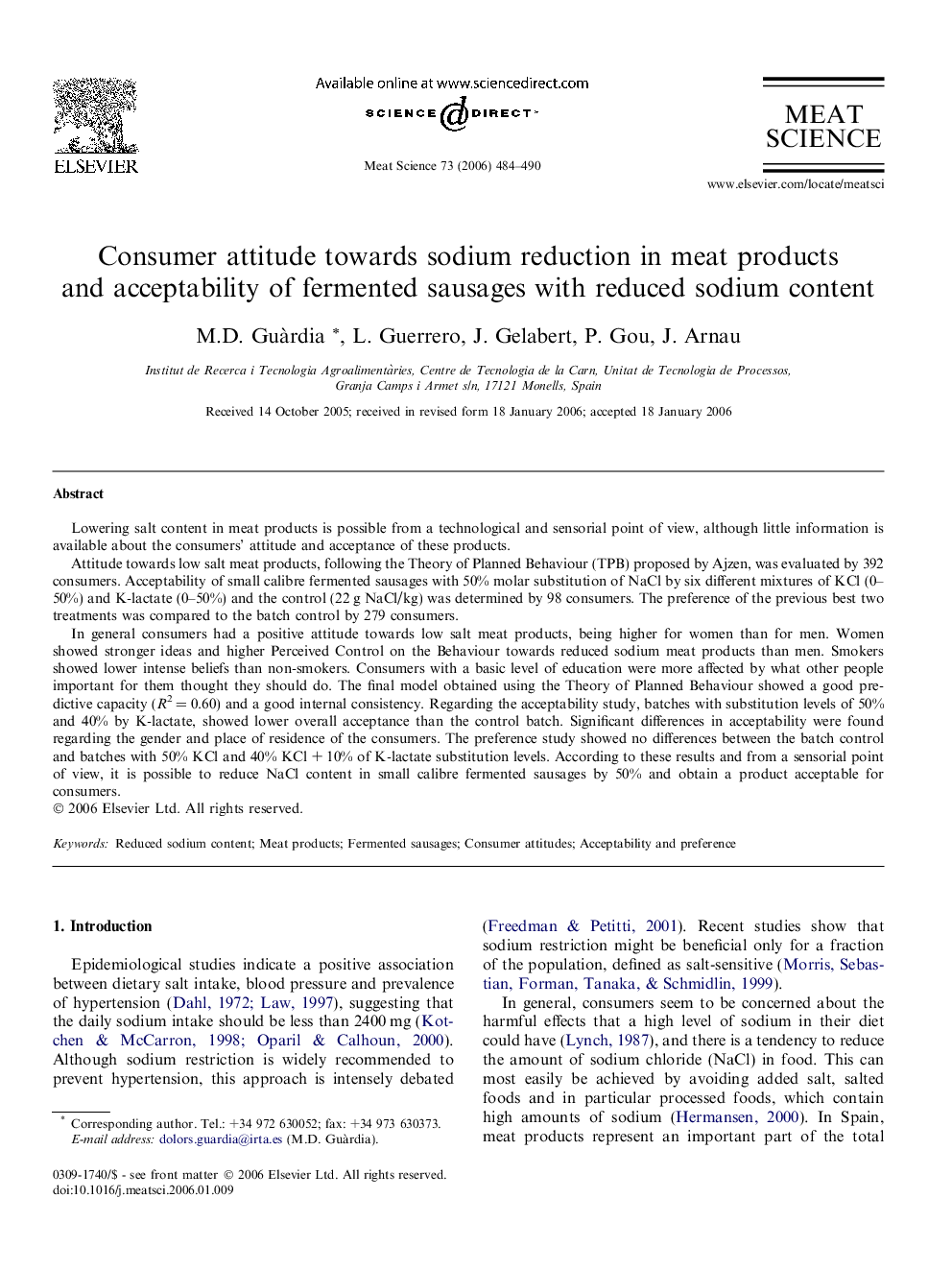 Consumer attitude towards sodium reduction in meat products and acceptability of fermented sausages with reduced sodium content