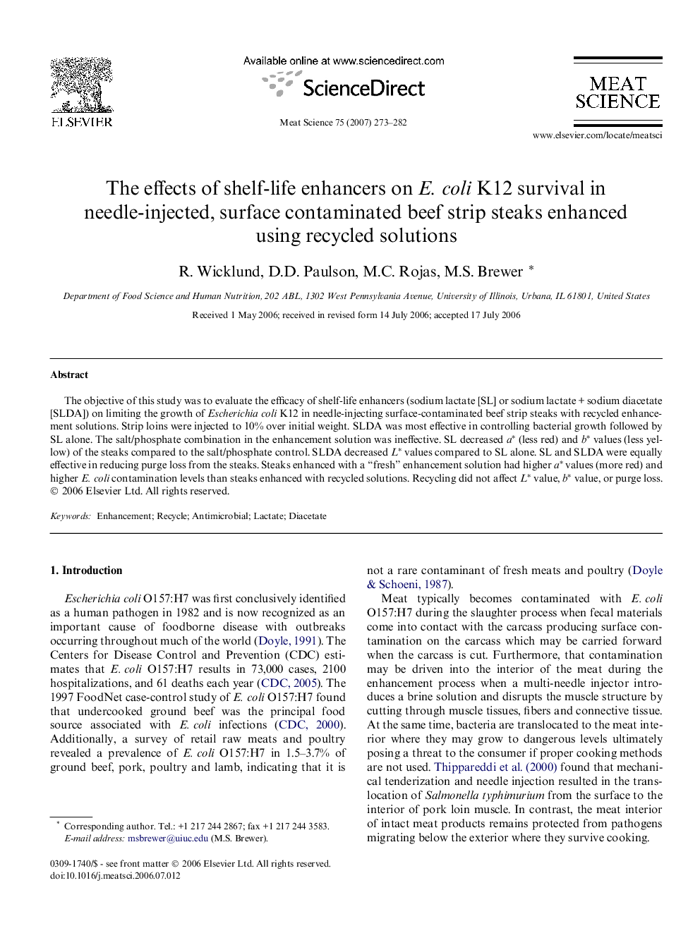 The effects of shelf-life enhancers on E. coli K12 survival in needle-injected, surface contaminated beef strip steaks enhanced using recycled solutions