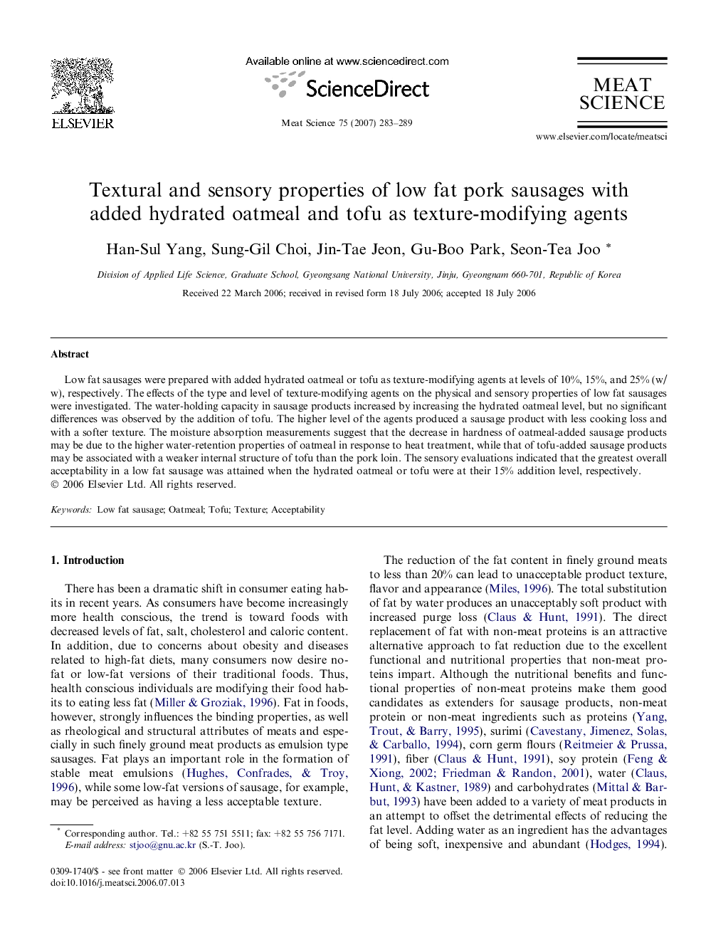 Textural and sensory properties of low fat pork sausages with added hydrated oatmeal and tofu as texture-modifying agents