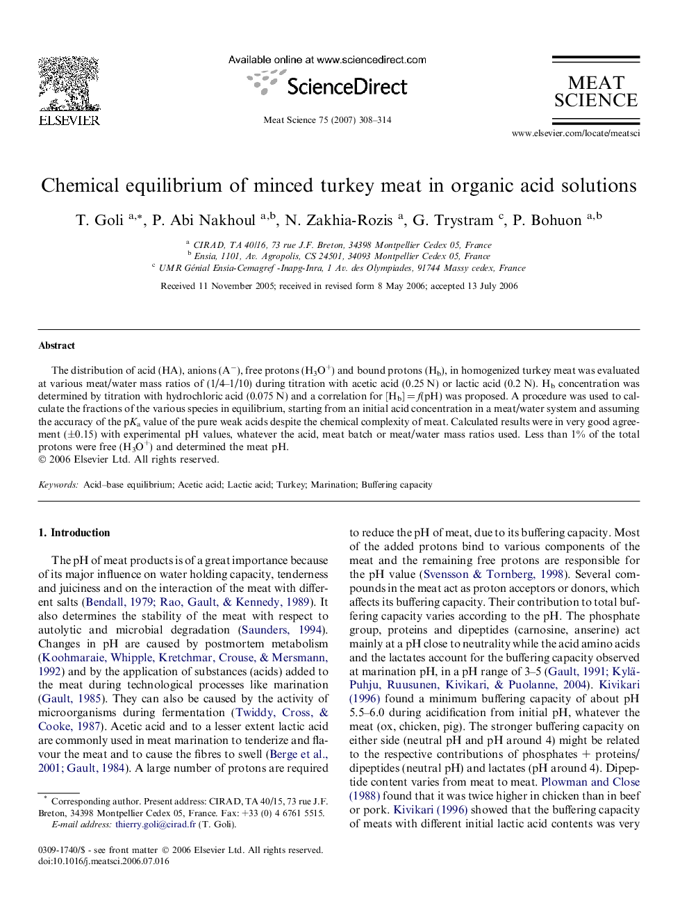 Chemical equilibrium of minced turkey meat in organic acid solutions