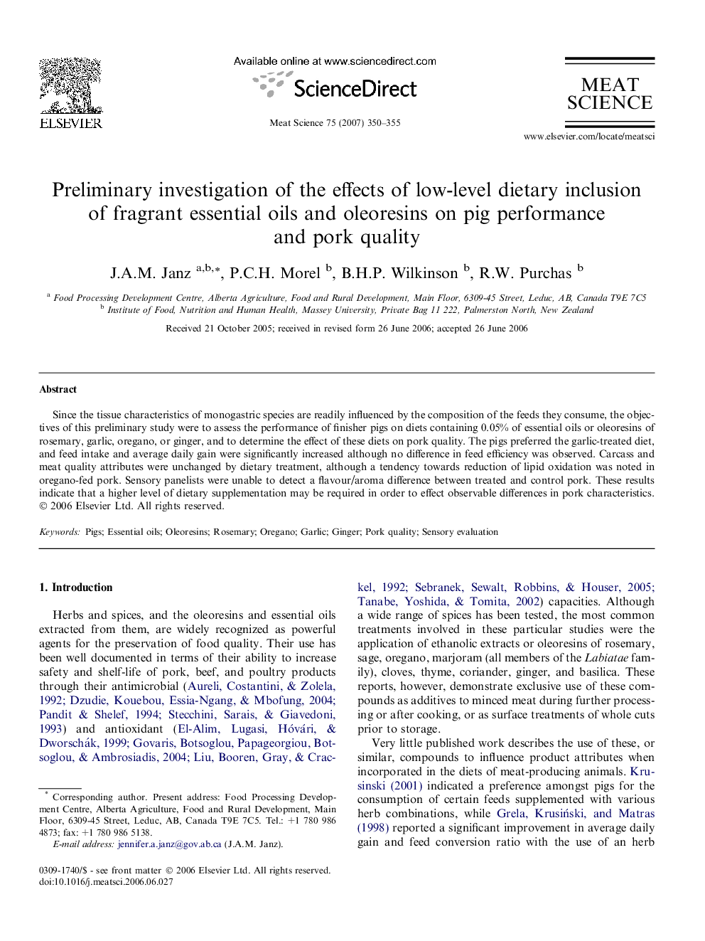 Preliminary investigation of the effects of low-level dietary inclusion of fragrant essential oils and oleoresins on pig performance and pork quality