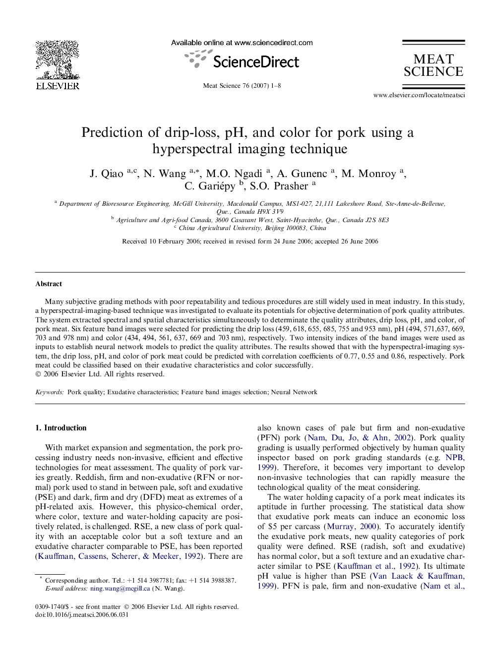 Prediction of drip-loss, pH, and color for pork using a hyperspectral imaging technique