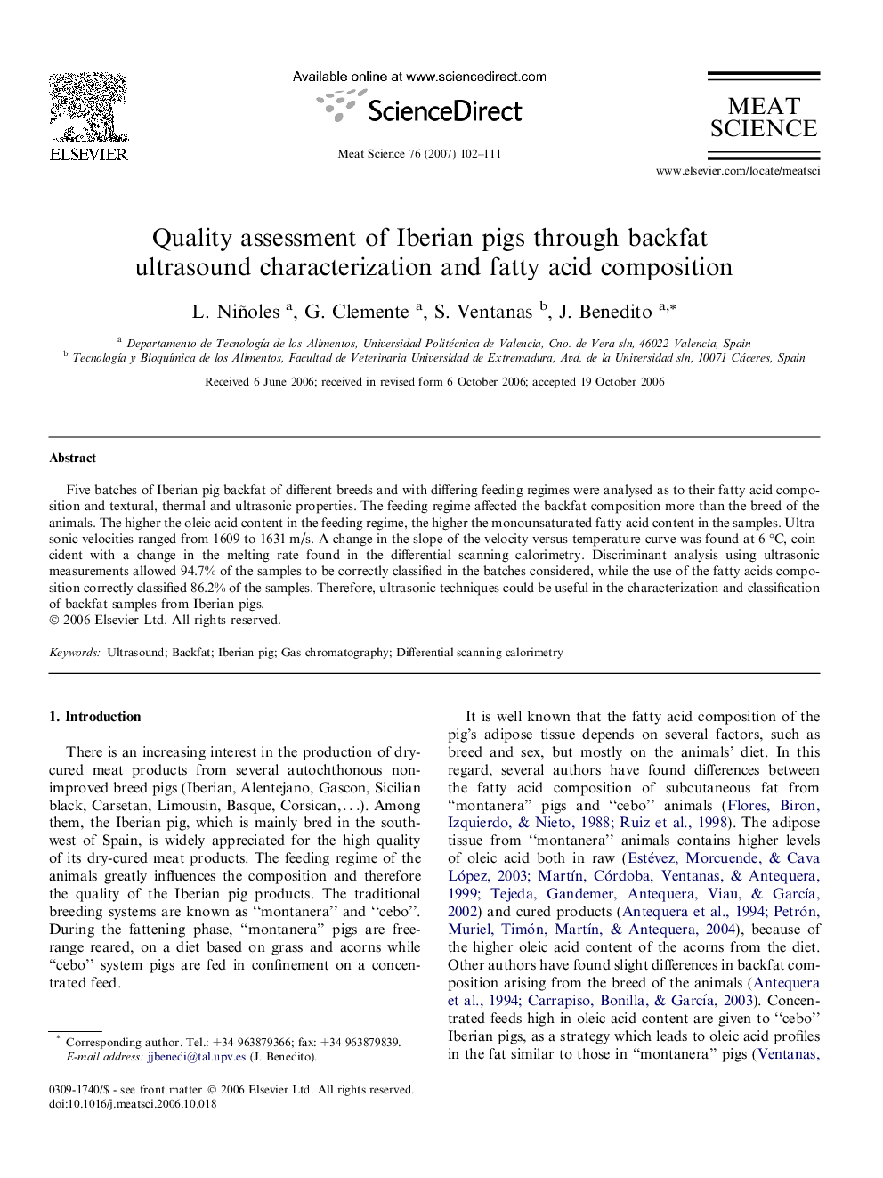 Quality assessment of Iberian pigs through backfat ultrasound characterization and fatty acid composition