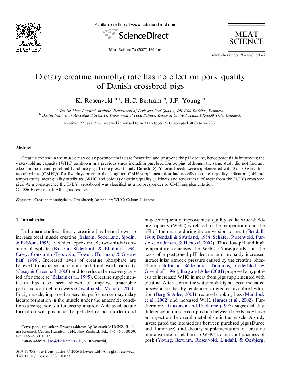 Dietary creatine monohydrate has no effect on pork quality of Danish crossbred pigs