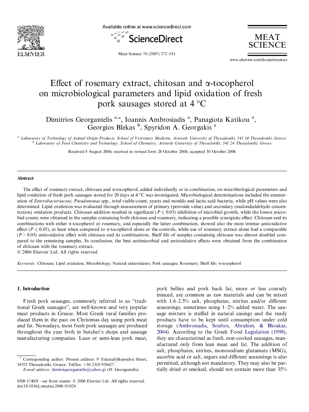 Effect of rosemary extract, chitosan and α-tocopherol on microbiological parameters and lipid oxidation of fresh pork sausages stored at 4 °C