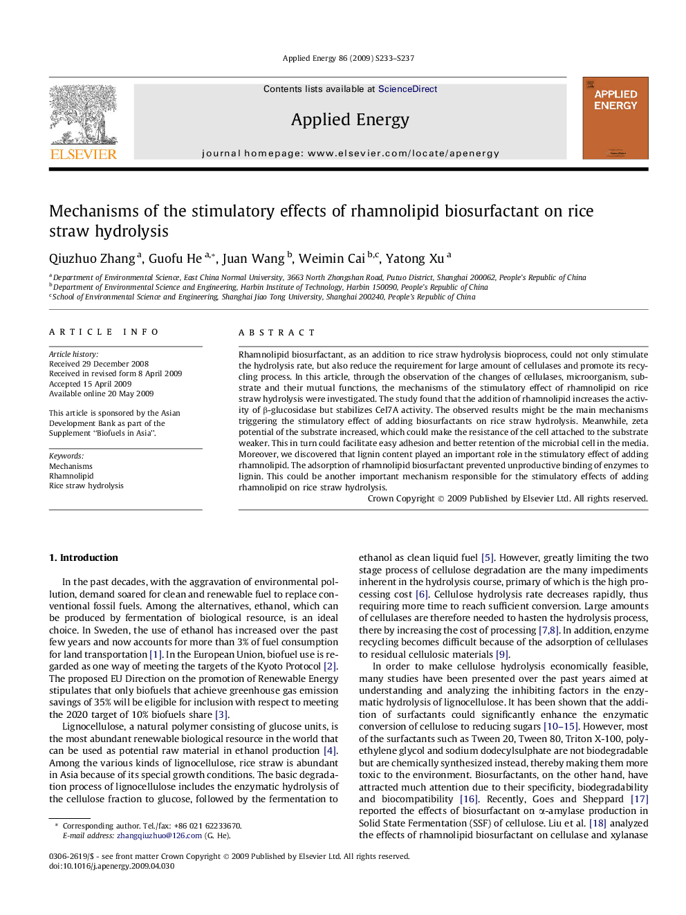 عکس صفحه اول مقاله: Mechanisms of the stimulatory effects of rhamnolipid biosurfactant on rice straw hydrolysis Mechanisms of the stimulatory effects of rhamnolipid biosurfactant on rice straw hydrolysis