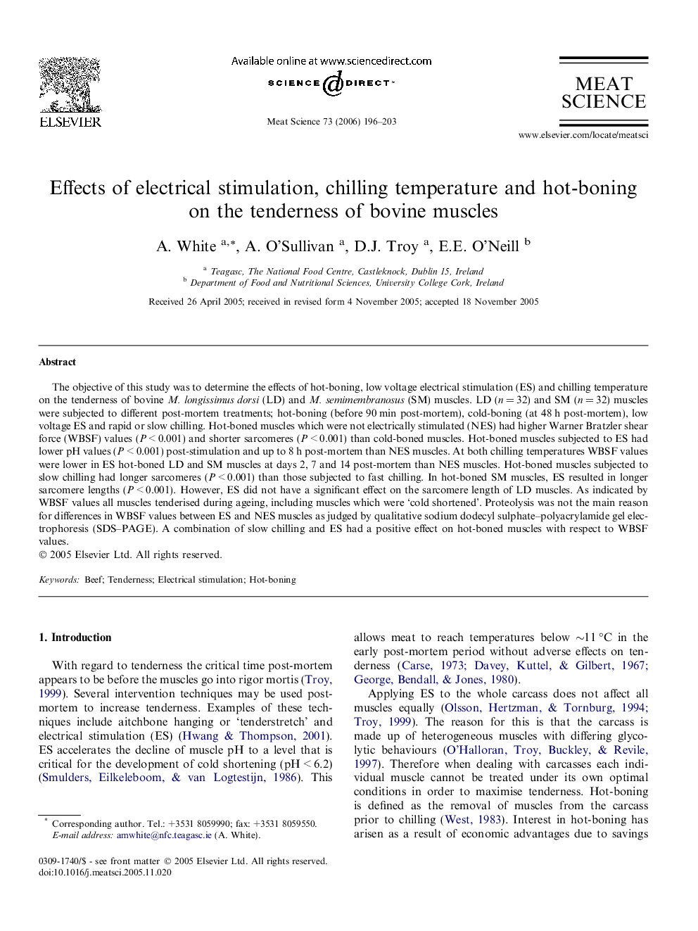 Effects of electrical stimulation, chilling temperature and hot-boning on the tenderness of bovine muscles