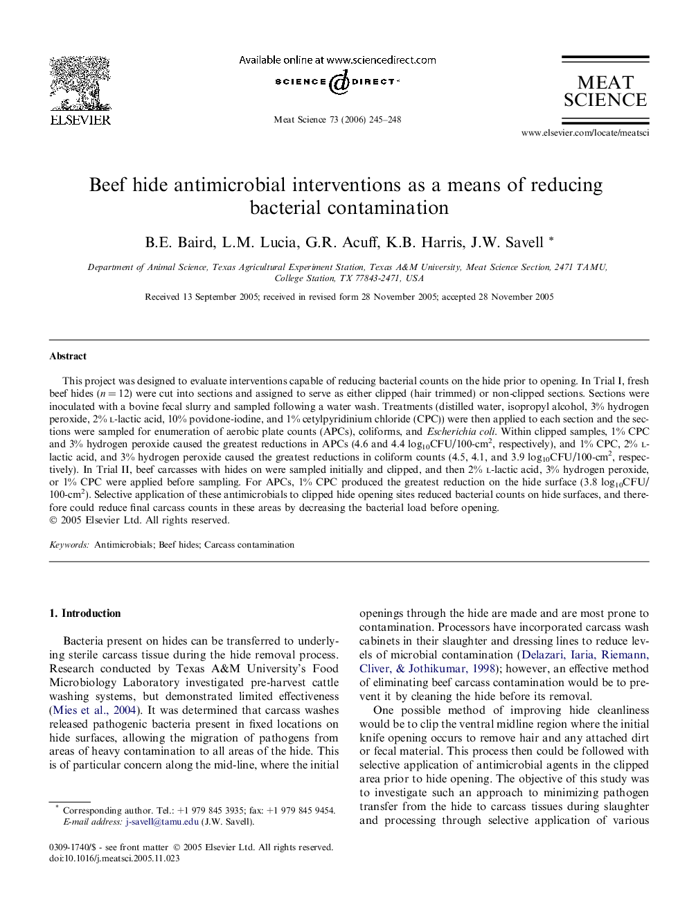 Beef hide antimicrobial interventions as a means of reducing bacterial contamination