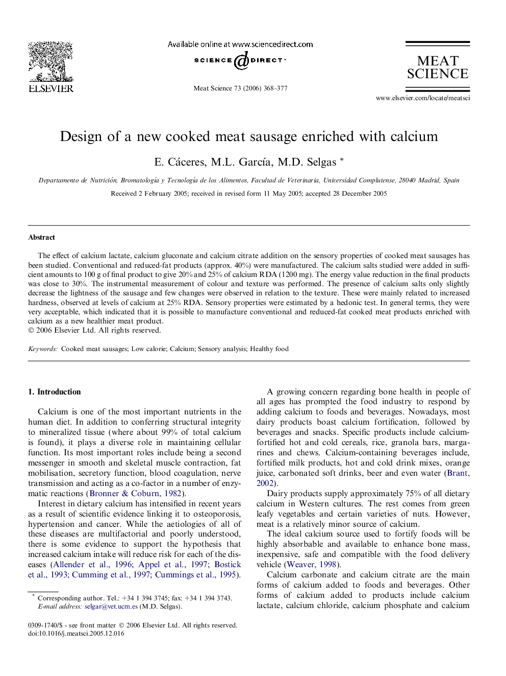 Design of a new cooked meat sausage enriched with calcium