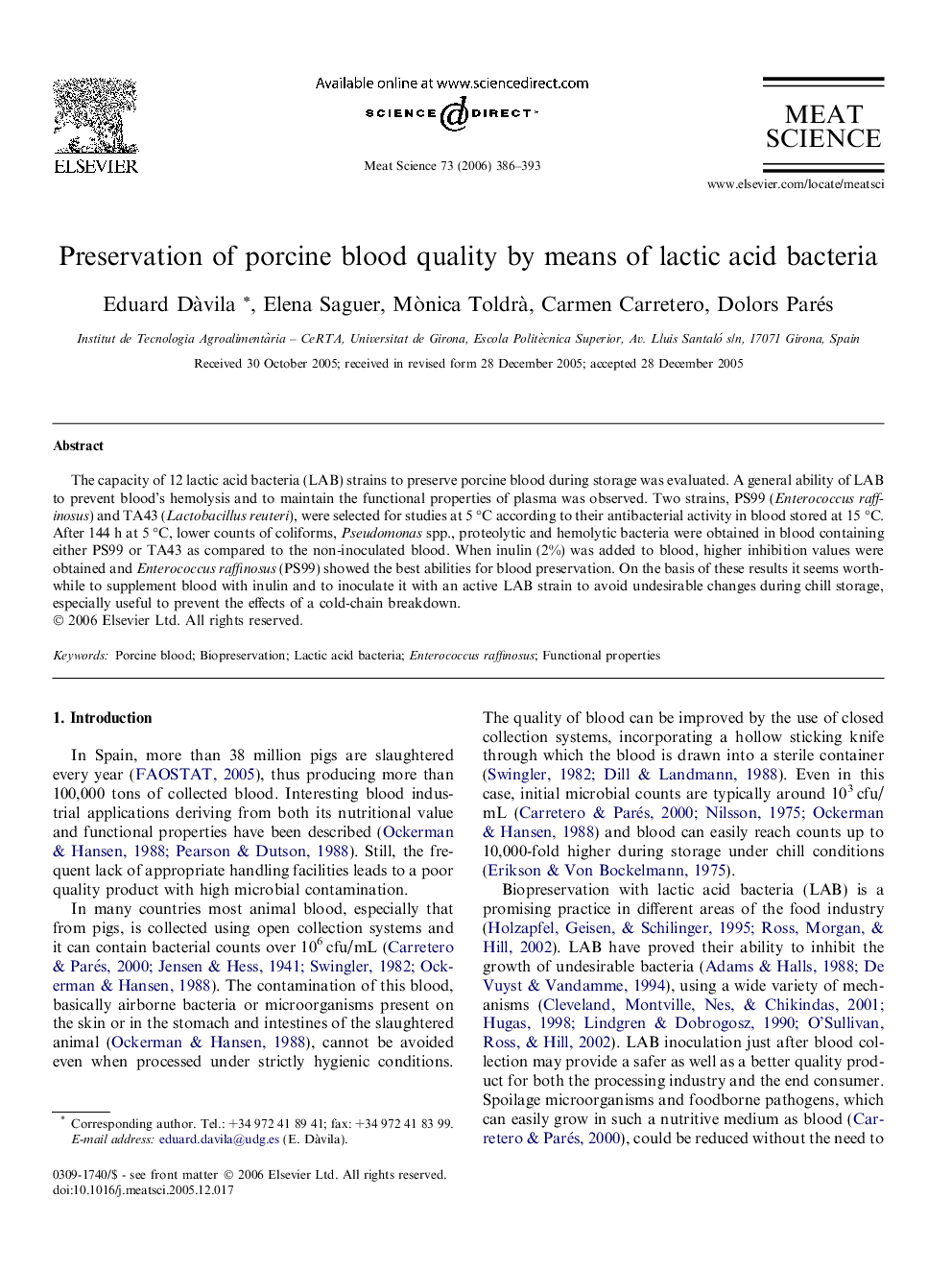 Preservation of porcine blood quality by means of lactic acid bacteria