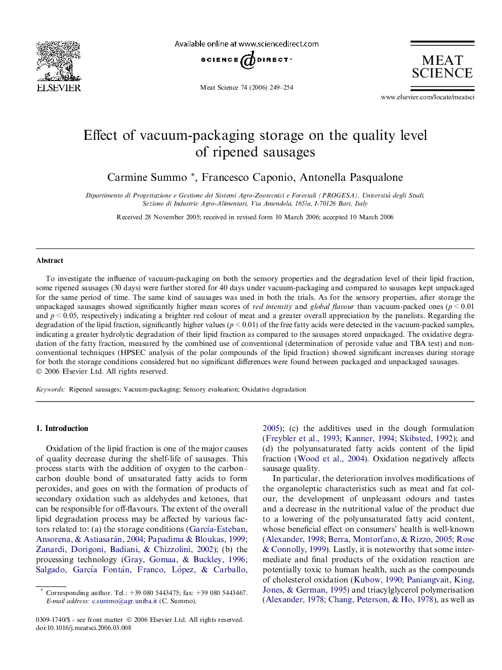 Effect of vacuum-packaging storage on the quality level of ripened sausages